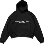 Black hoodie mockup with '3D Street Co Mockups' text on a white background