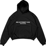 Black hoodie mockup with '3D Street Co Mockups' text on a white background