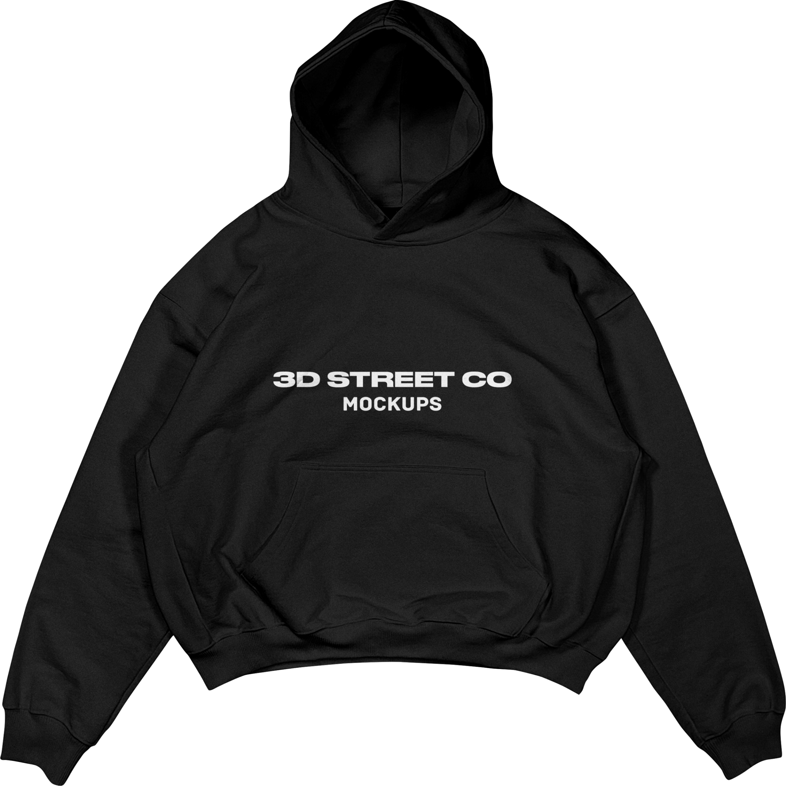 Black hoodie mockup with '3D Street Co Mockups' text on a white background