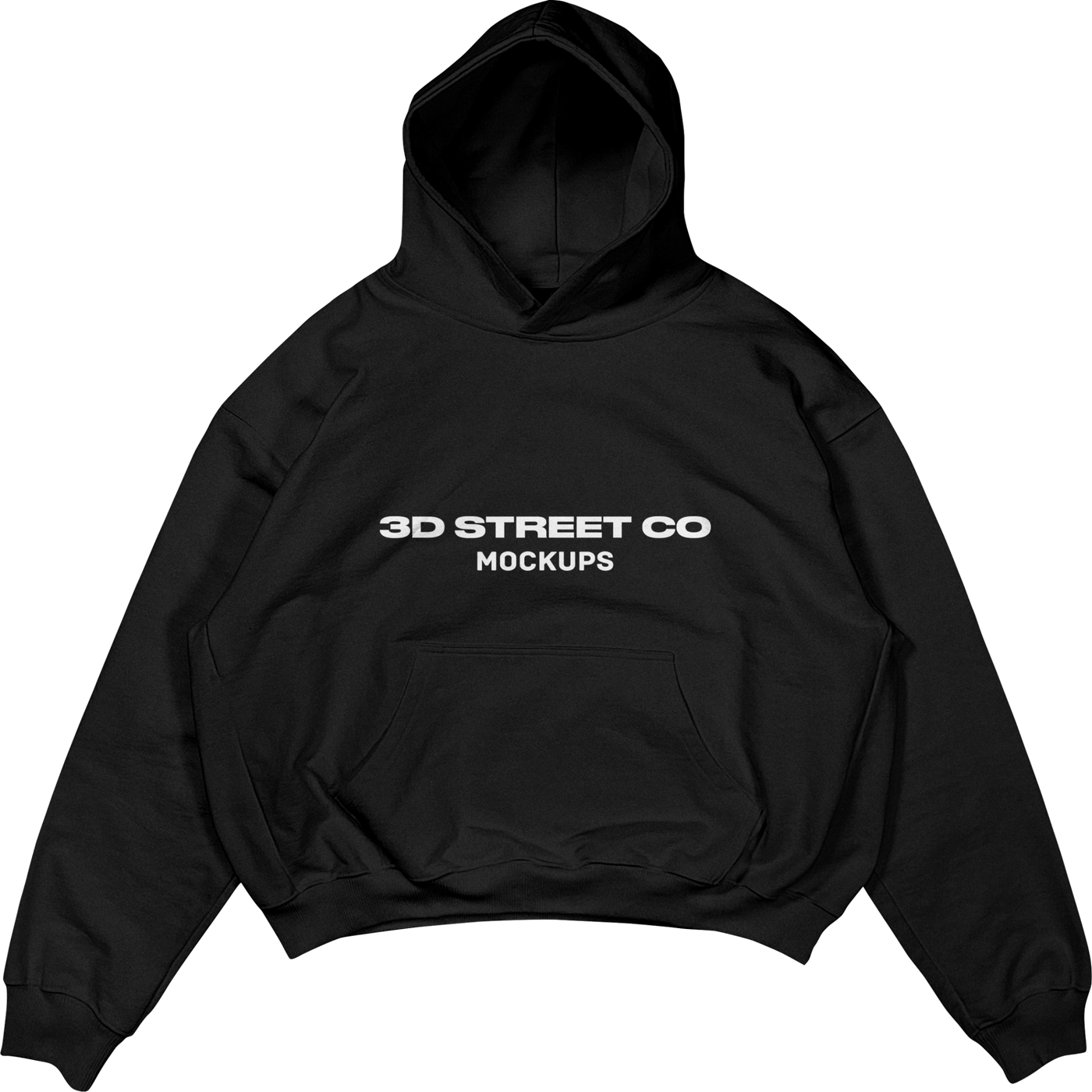 Black hoodie mockup with '3D Street Co Mockups' text on a white background