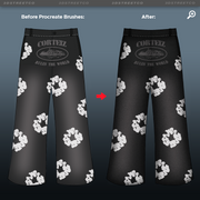 Comparison of black pants with white floral patterns before and after using Procreate brushes on a gray background.