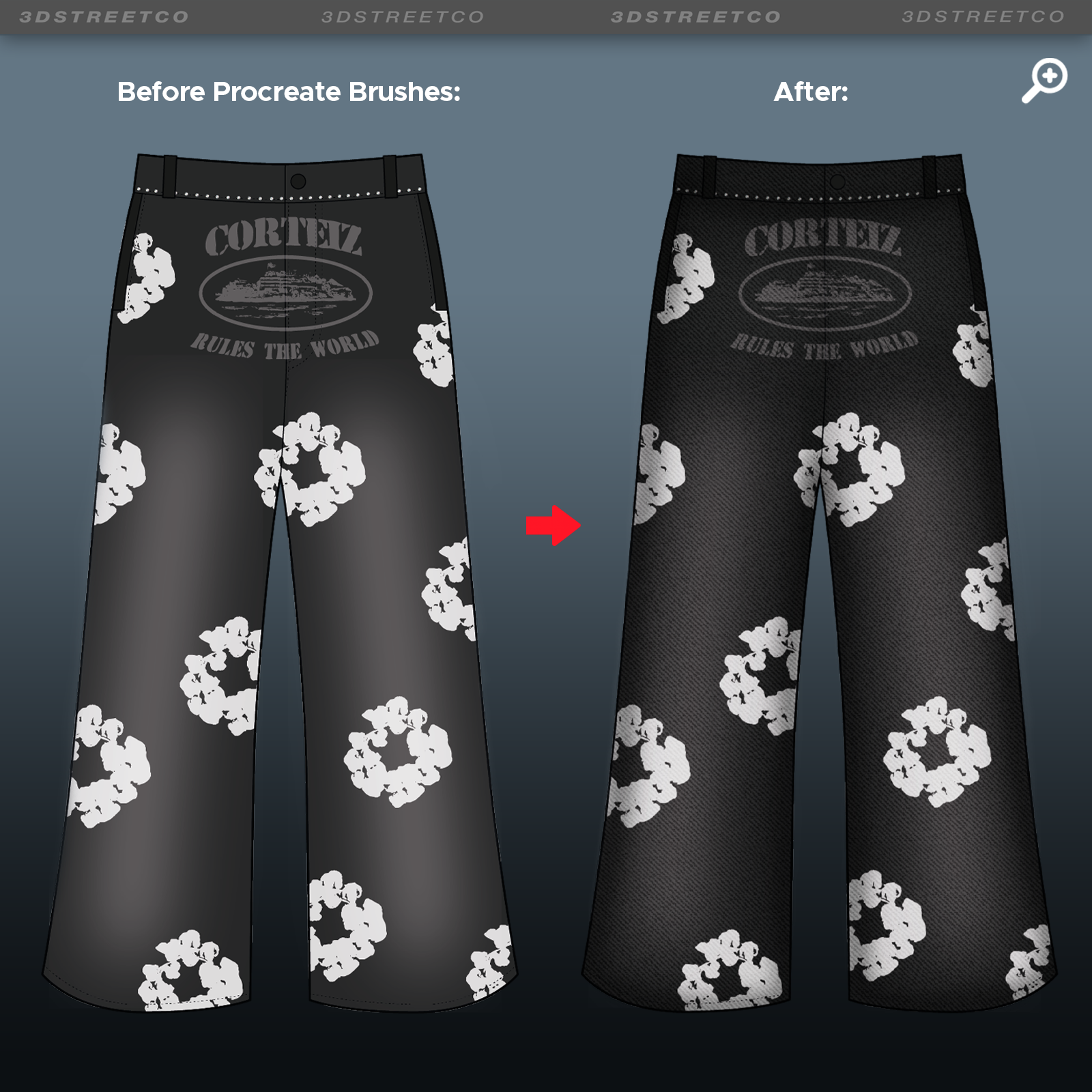Comparison of black pants with white floral patterns before and after using Procreate brushes on a gray background.
