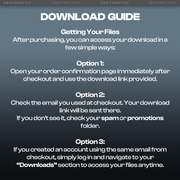 Download guide instructions for accessing files after purchase on a dark background