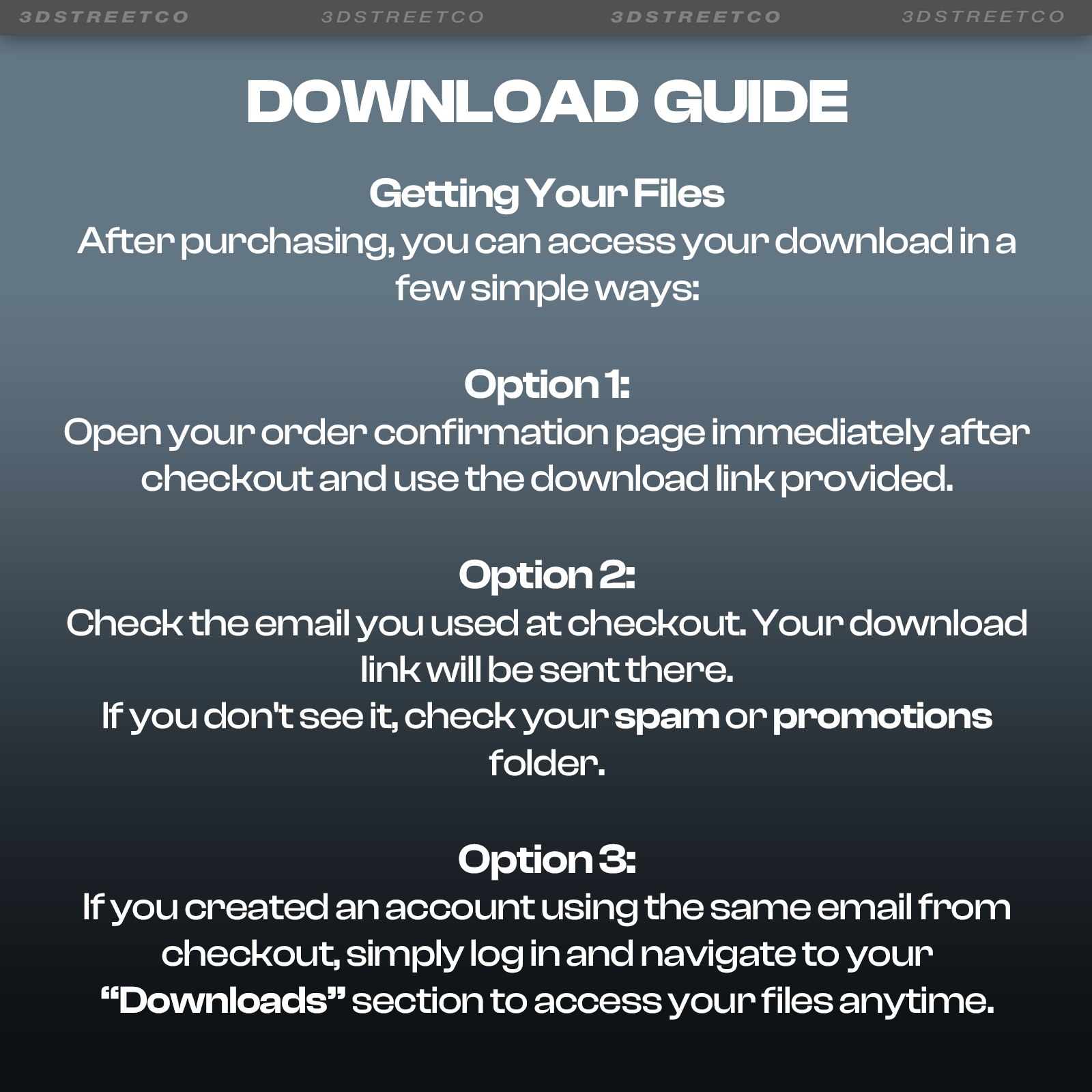 Download guide instructions for accessing files after purchase on a dark background