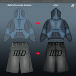 Comparison of hoodie and shorts design before and after using Procreate brushes on a dark background.