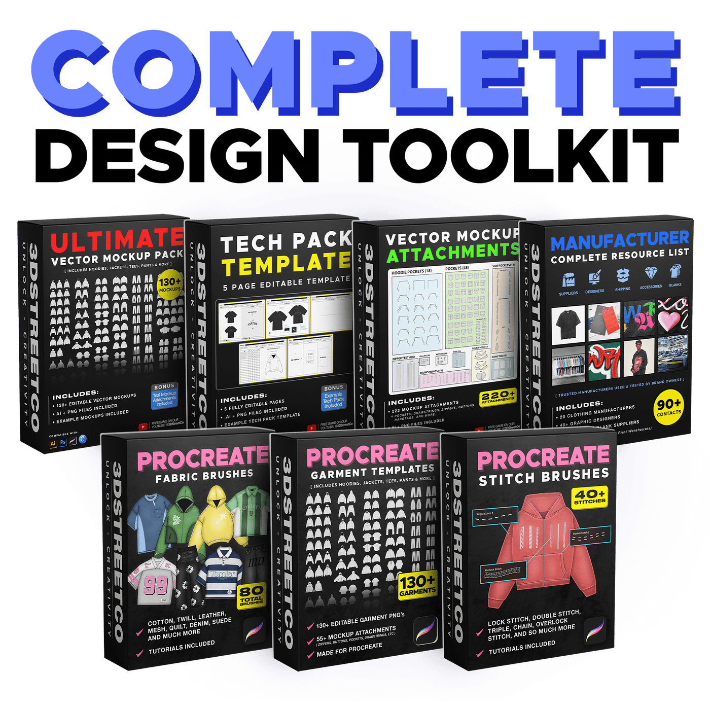 Complete 3DStreetCo design bundle with vector mockups, tech packs, manufacturer contacts and Procreate assets.