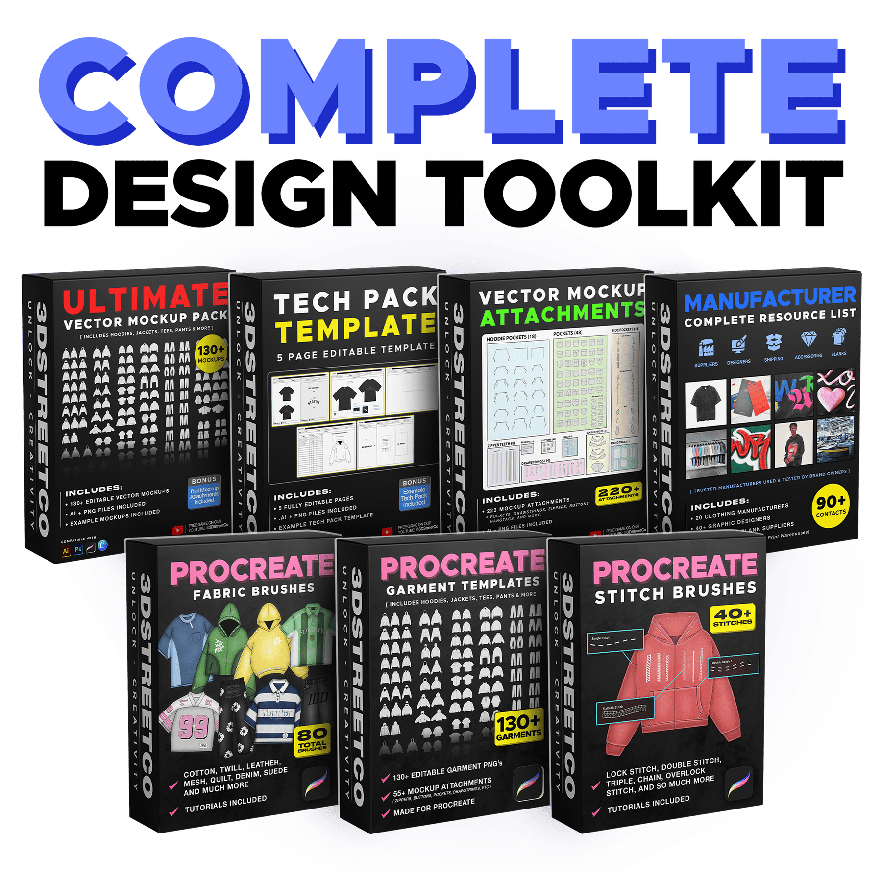 Complete 3DStreetCo design bundle with vector mockups, tech packs, manufacturer contacts and Procreate assets.