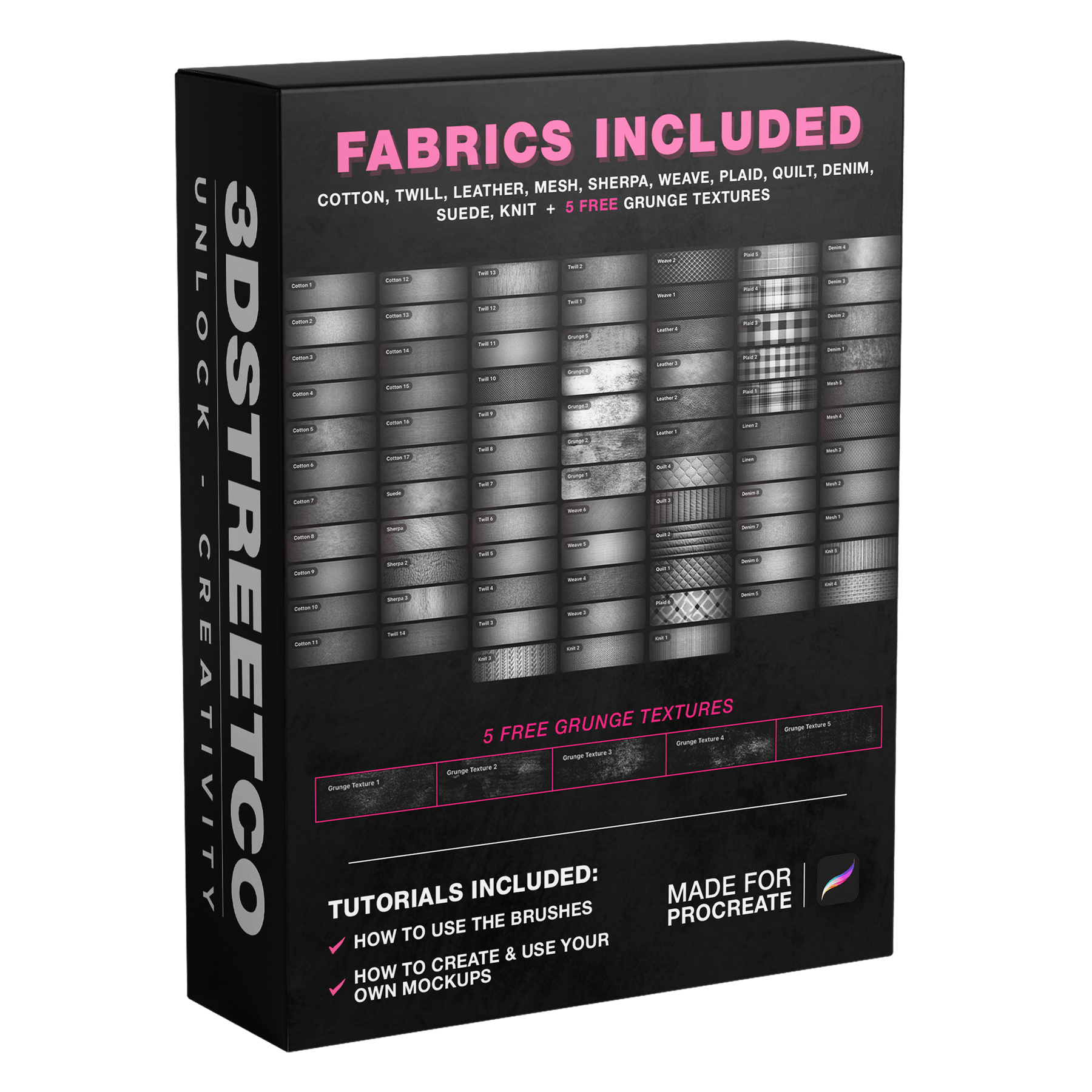 Procreate fabric brush pack with cotton, twill, leather, mesh, denim, knit, quilt and five grunge textures.