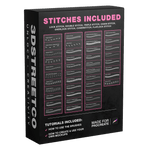 Preview of 40+ Procreate stitch brushes with single, double, triple, zigzag, overlock, chain and denim stitches.