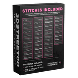 Preview of 40+ Procreate stitch brushes with single, double, triple, zigzag, overlock, chain and denim stitches.