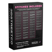Preview of 40+ Procreate stitch brushes with single, double, triple, zigzag, overlock, chain and denim stitches.