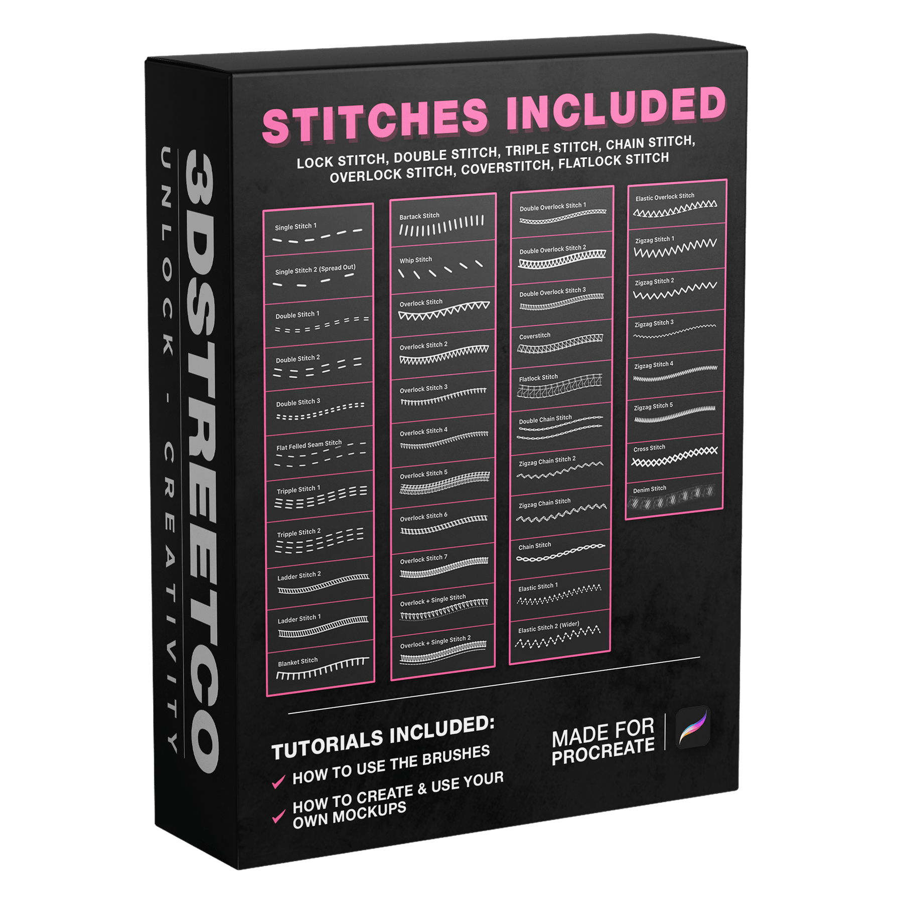 Preview of 40+ Procreate stitch brushes with single, double, triple, zigzag, overlock, chain and denim stitches.