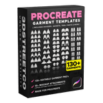 Procreate garment template pack with 130+ editable clothing PNGs and 55+ mockup attachments for fashion design.