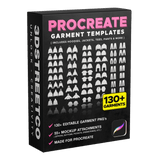 Procreate garment template pack with 130+ editable clothing PNGs and 55+ mockup attachments for fashion design.