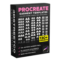 Procreate garment template pack with 130+ editable clothing PNGs and 55+ mockup attachments for fashion design.