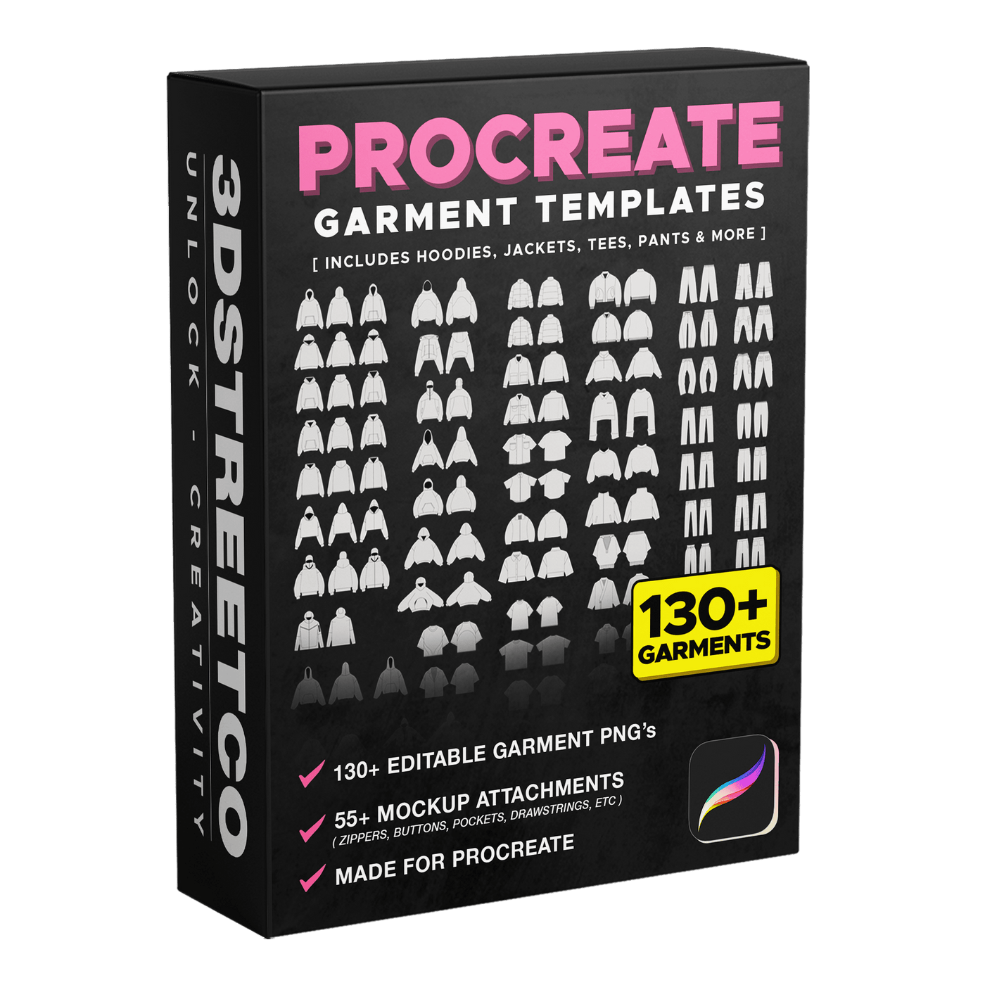 Procreate garment template pack with 130+ editable clothing PNGs and 55+ mockup attachments for fashion design.