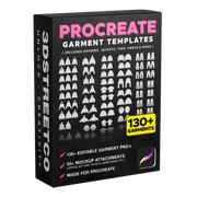 Procreate garment template pack with 130+ editable clothing PNGs and 55+ mockup attachments for fashion design.