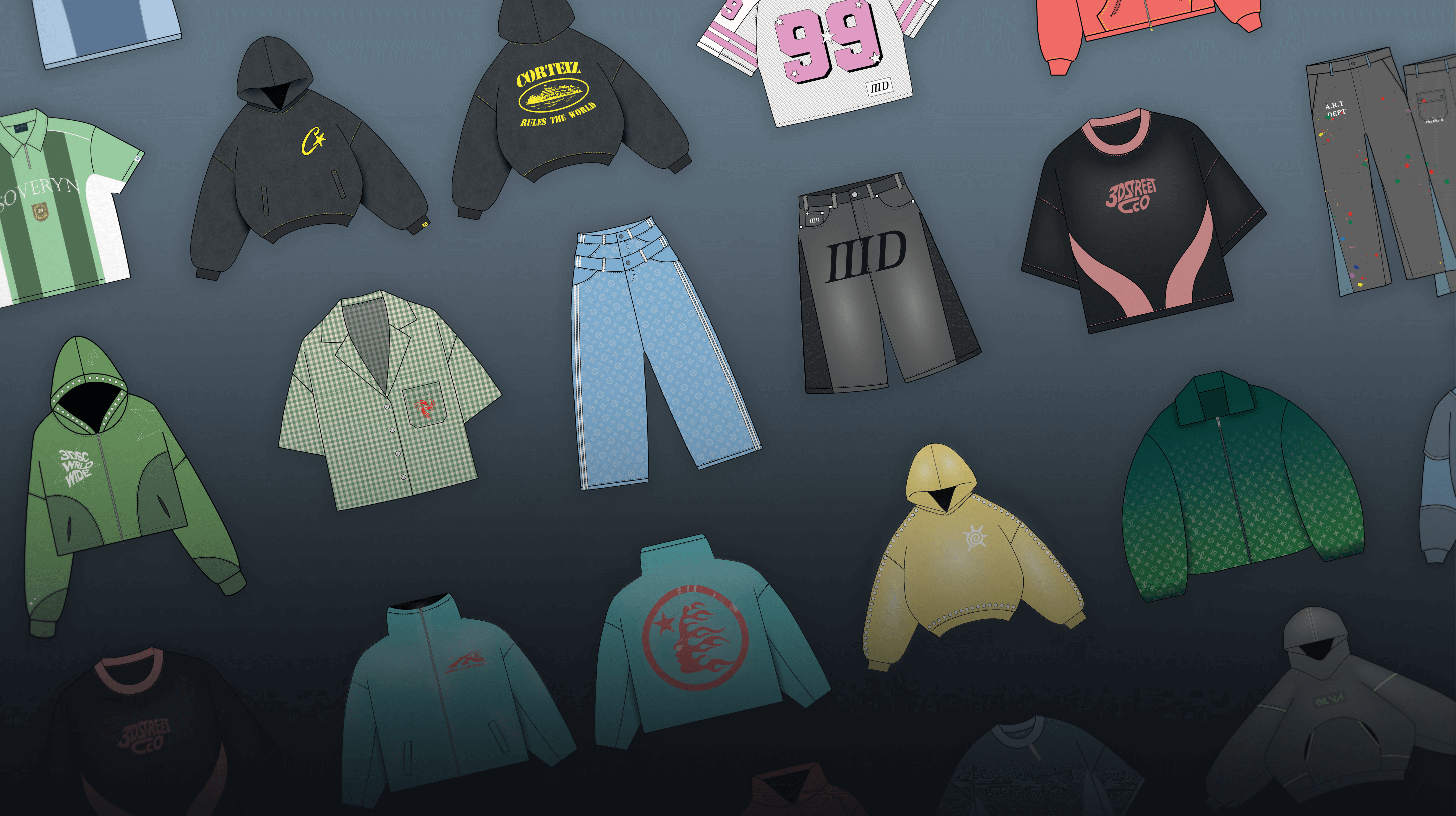 Collection of various completed clothing mockup designs on a dark background