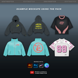 Example streetwear mockups made with the pack, including hoodies, jackets, T-shirts and a football jersey.