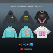 Example streetwear mockups made with the pack, including hoodies, jackets, T-shirts and a football jersey.