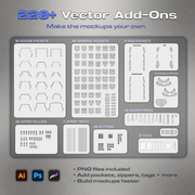 220+ vector mockup add-ons with pockets, zippers, buttons, drawstrings, tags and hoodie attachments.
