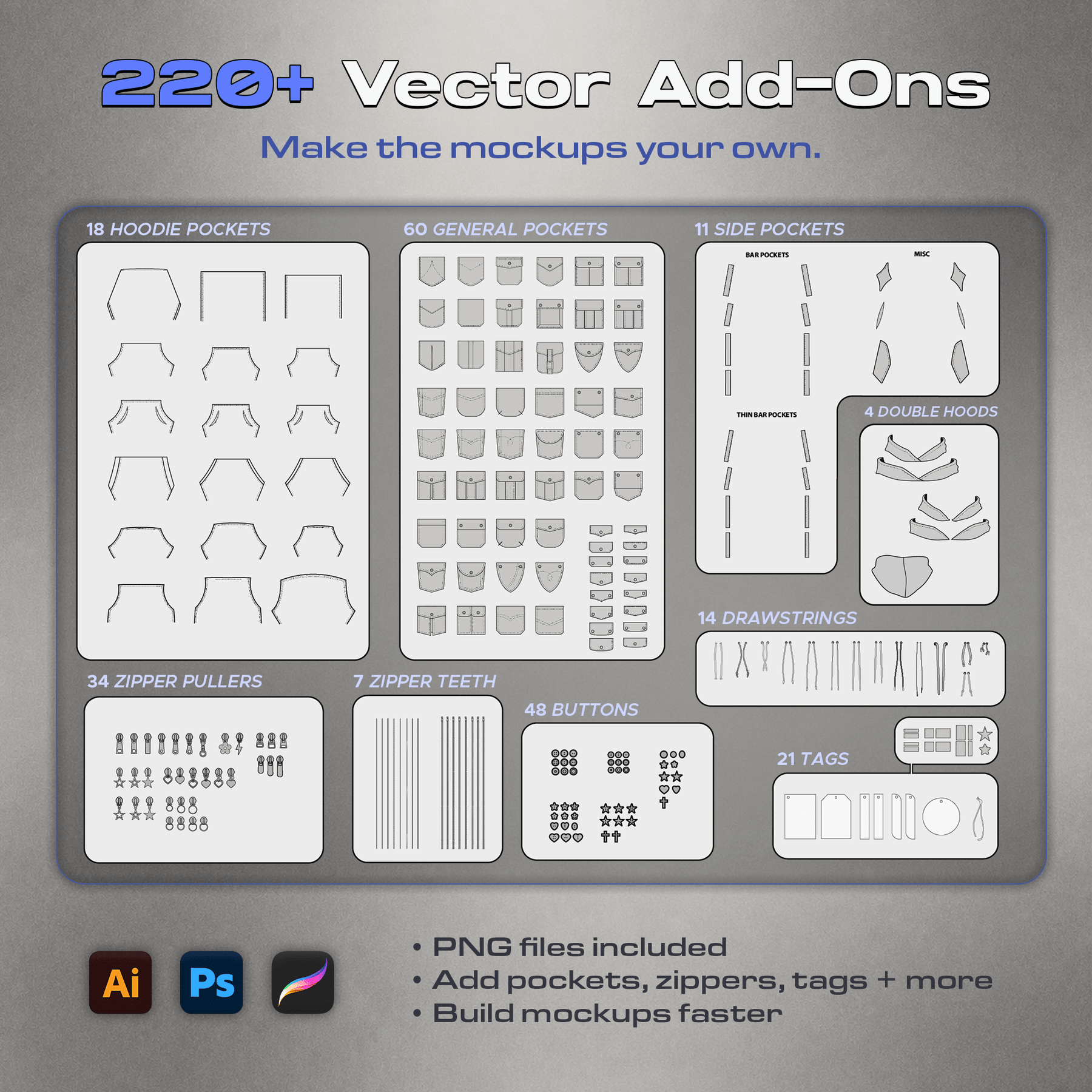 220+ vector mockup add-ons with pockets, zippers, buttons, drawstrings, tags and hoodie attachments.