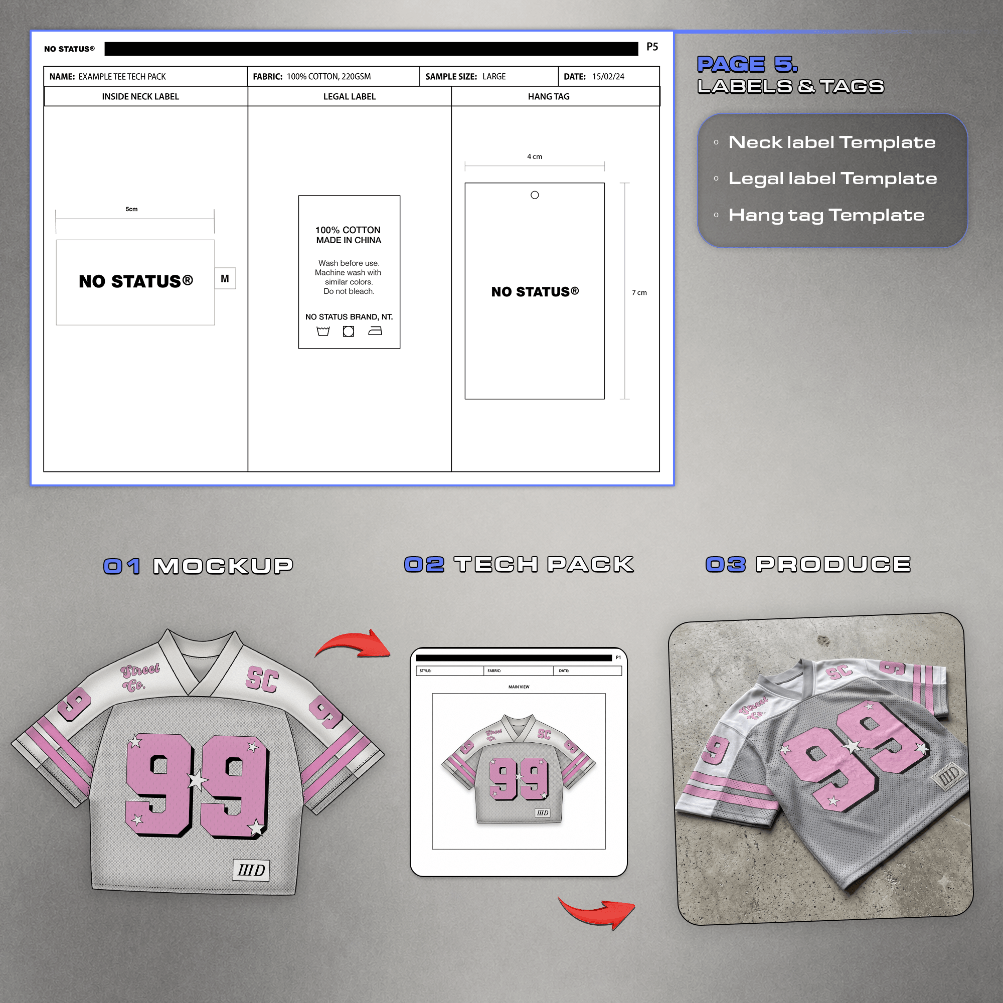 Tech pack labels and tags page with neck label, legal label and hang tag templates, plus compatible design apps.