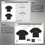 Tech pack overview and garment details pages showing artwork placement, measurements, fabric and manufacturer notes.