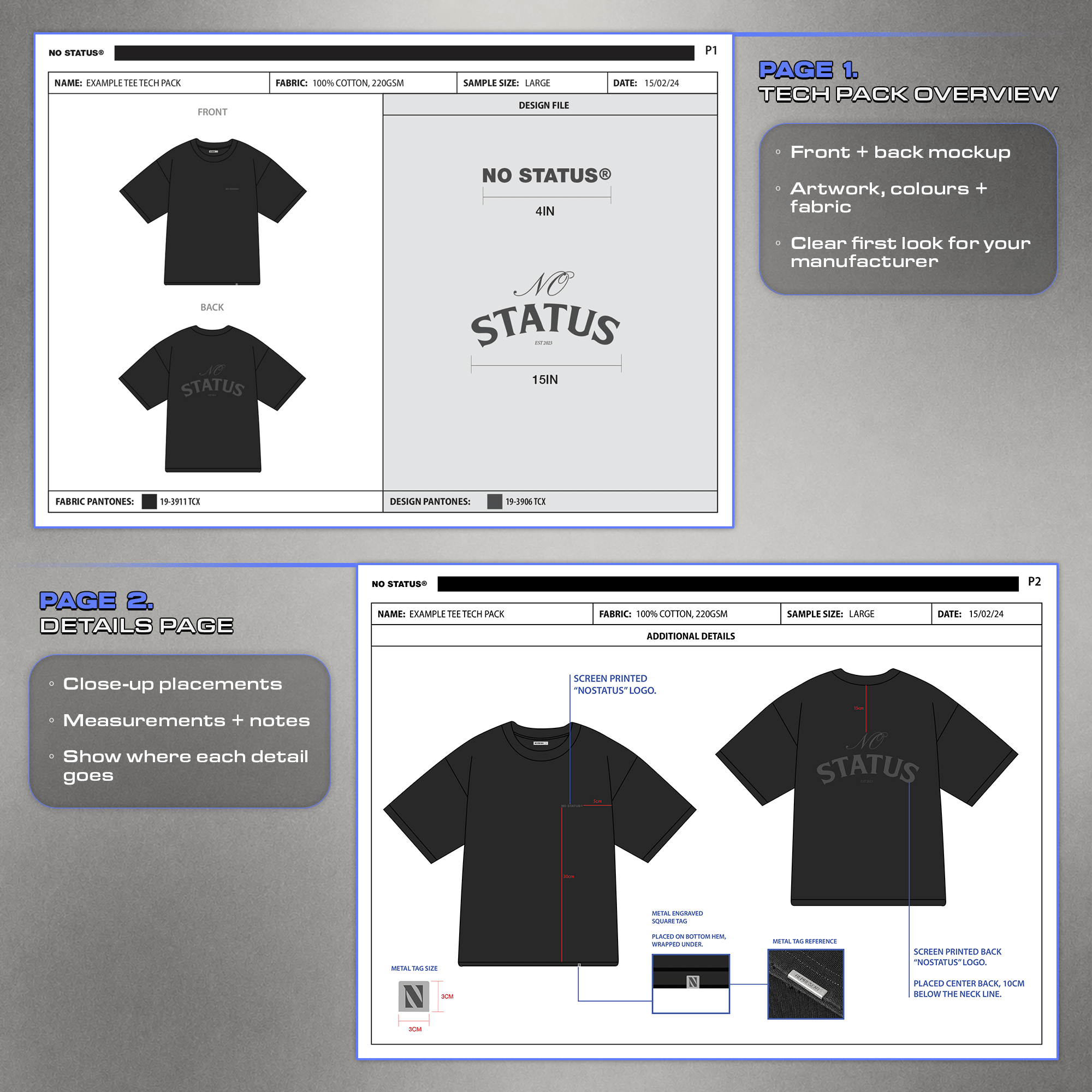 Tech pack overview and garment details pages showing artwork placement, measurements, fabric and manufacturer notes.