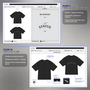 Tech pack overview and garment details pages showing artwork placement, measurements, fabric and manufacturer notes.