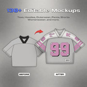Before-and-after football jersey design using an editable streetwear mockup from the 130+ vector mockup pack.
