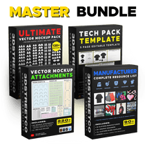 Master Bundle featuring vector mockups, add-ons, a tech pack template and manufacturer contacts.