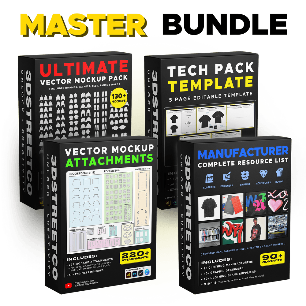 Master Bundle featuring vector mockups, add-ons, a tech pack template and manufacturer contacts.