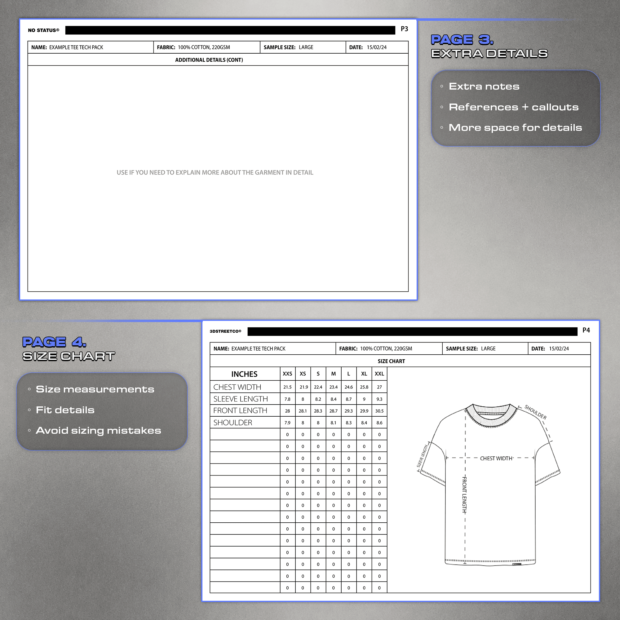 Tech pack extra details and size chart pages for garment measurements, fit notes, references and production accuracy.