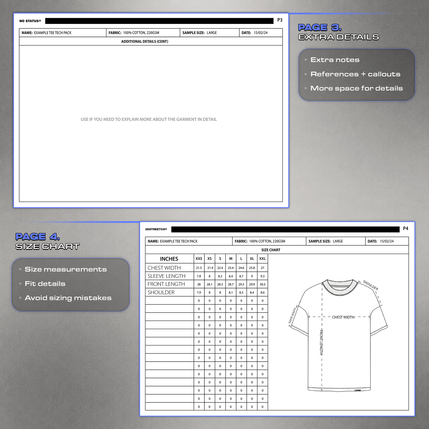 Tech pack extra details and size chart pages for garment measurements, fit notes, references and production accuracy.