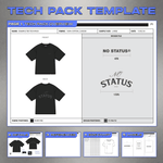 Five-page clothing tech pack template with labels, tags and a mockup-to-production workflow for apparel brands.