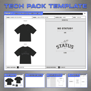 Five-page clothing tech pack template with labels, tags and a mockup-to-production workflow for apparel brands.