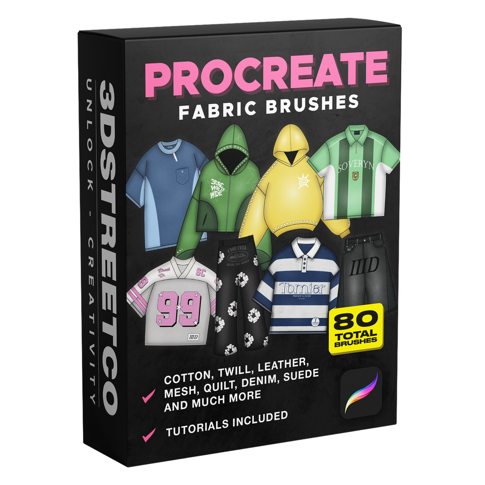 Box of Procreate 3D Streetco Fabric Brushes with various clothing items on a black background